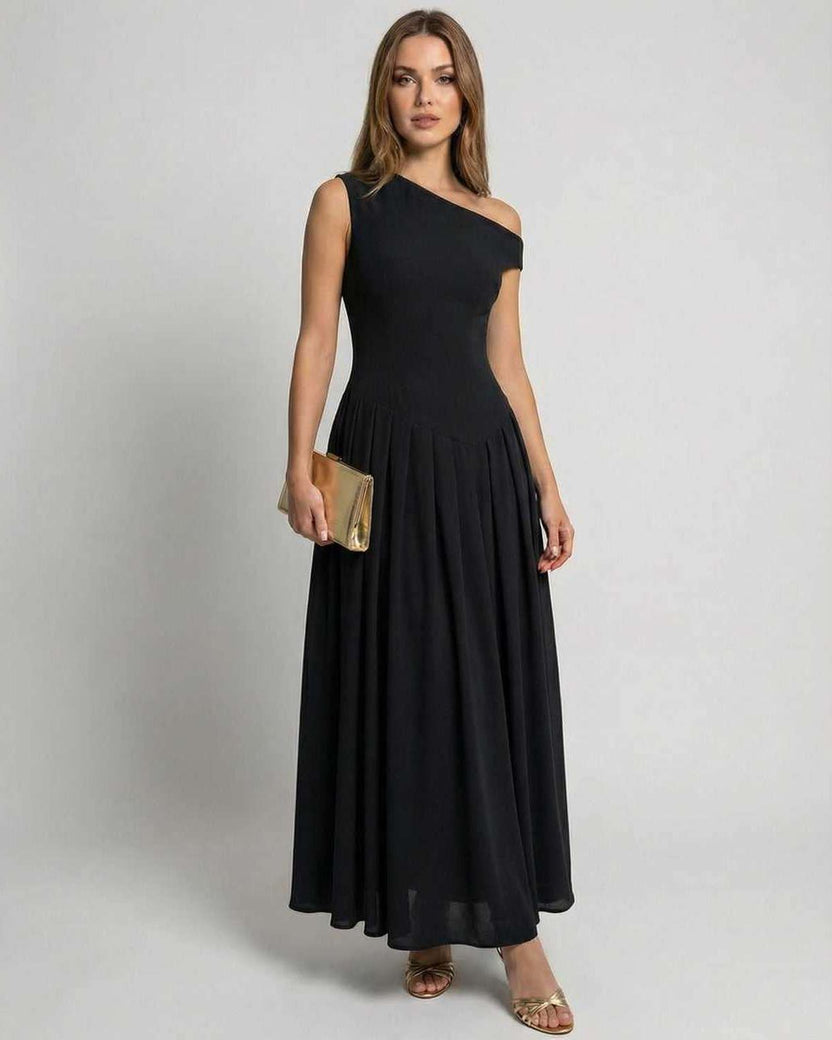 Monaco Maxi Dress model in black one shoulder design showcasing elegant A-line silhouette by Lauven.