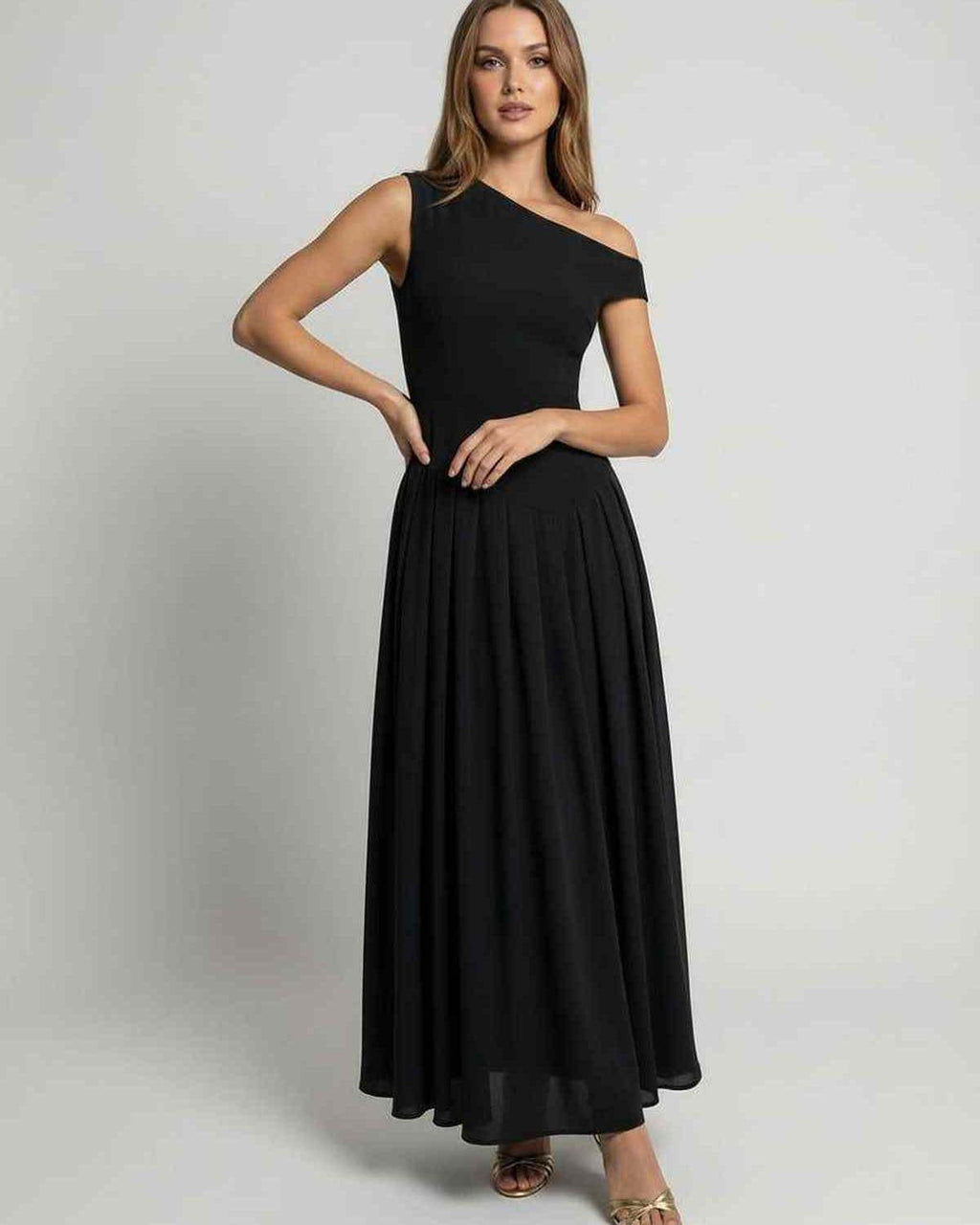 Monaco Maxi Dress - Elegant black one shoulder A-line silhouette by Lauven, flowing design for graceful movement.