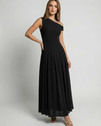 Monaco Maxi Dress - Black One Shoulder A-Line Dress by Lauven, elegant flowing silhouette for refined movement.
