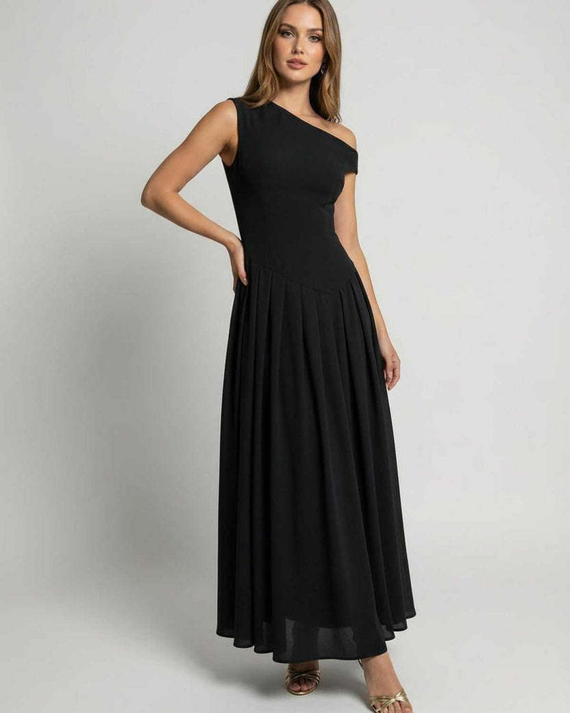 Monaco Maxi Dress - Black One Shoulder A-Line Dress by Lauven, elegant flowing silhouette for refined movement.