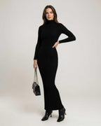Monaco Maxi Dress - Black ribbed knit maxi dress with turtleneck, featuring a sleek silhouette by Lauven.