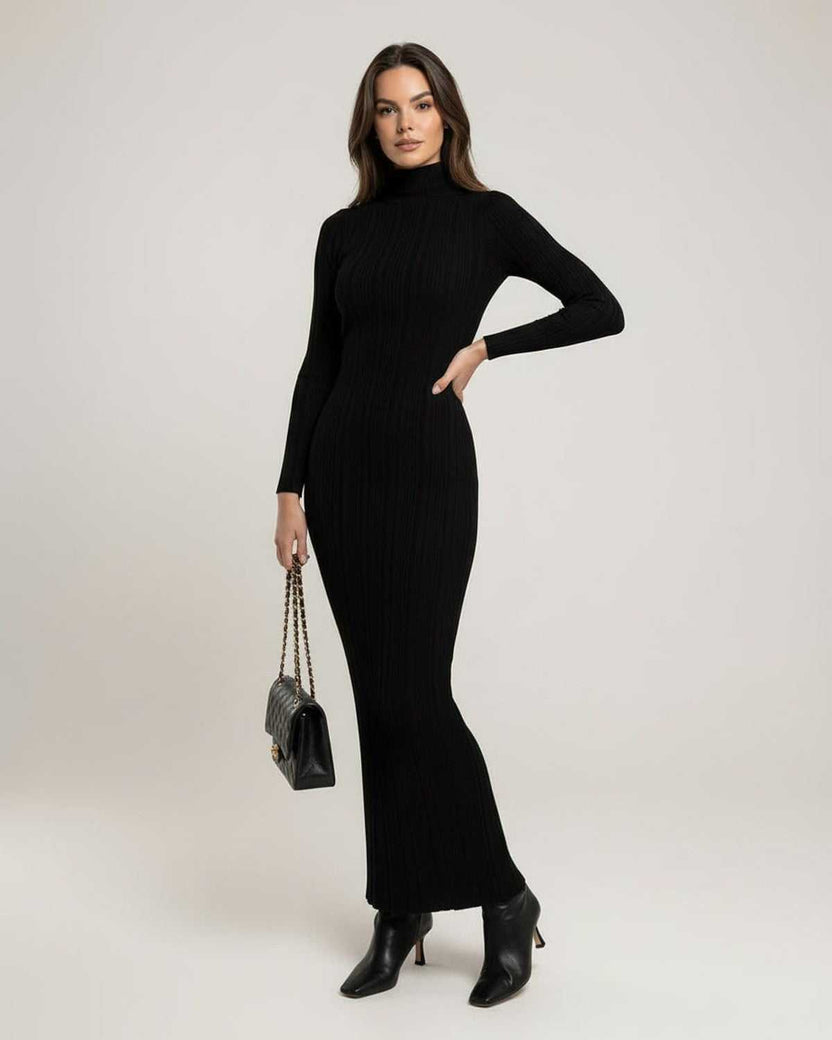 Monaco Maxi Dress - Black ribbed knit maxi dress with turtleneck, featuring a sleek silhouette by Lauven.