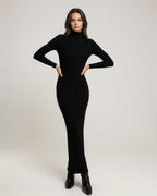 Monaco Maxi Dress - Black ribbed knit dress with turtleneck, body-hugging silhouette by Lauven.