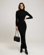 Monaco Maxi Dress - Black Ribbed Knit with Turtleneck for a sleek, sculpted silhouette by Lauven.
