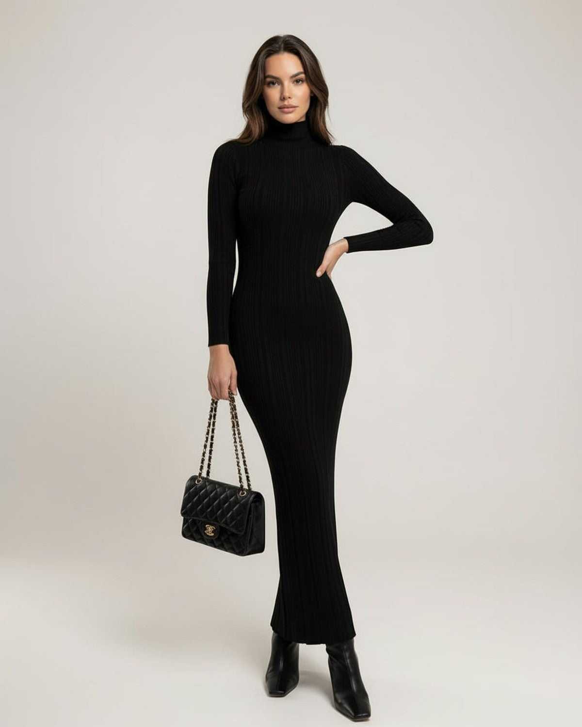 Monaco Maxi Dress - Black Ribbed Knit with Turtleneck for a sleek, sculpted silhouette by Lauven.