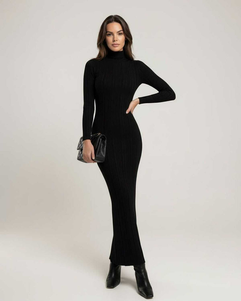 Model wearing Monaco Maxi Dress, a black ribbed knit turtleneck dress by Lauven, showcasing a sleek silhouette.