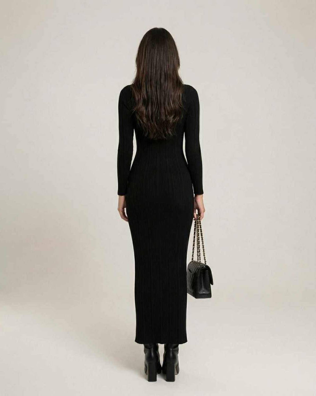 Monaco Maxi Dress: Black ribbed knit, turtleneck, body-hugging silhouette by Lauven.