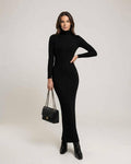 Monaco Maxi Dress - Black ribbed knit with turtleneck for a sleek silhouette, by Lauven