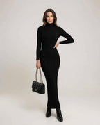 Monaco Maxi Dress - Black ribbed knit with turtleneck for a sleek silhouette, by Lauven
