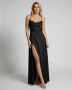 Monaco Maxi Dress by Lauven – Black satin maxi dress with high slit and elegant silhouette.