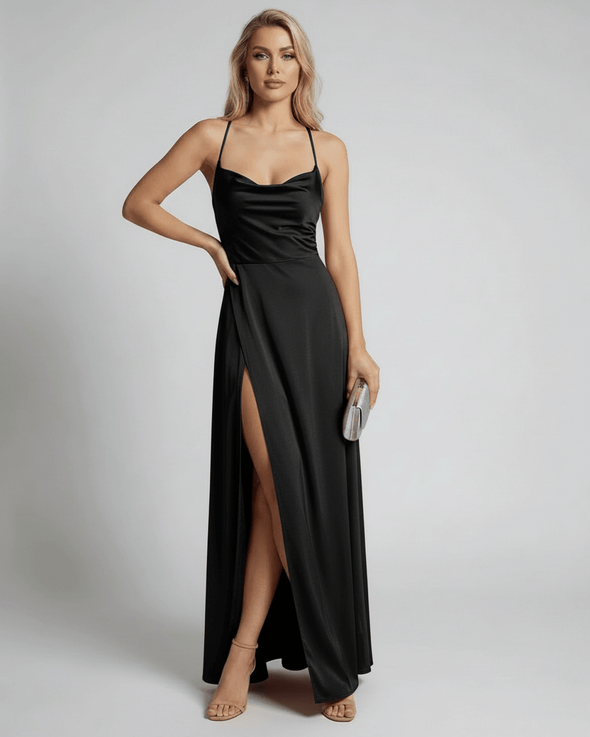 Monaco Maxi Dress by Lauven - Elegant black satin maxi dress with high slit and slender straps.