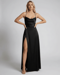 Monaco Maxi Dress by Lauven in black satin with high slit, featuring adjustable straps and elegant evening silhouette.