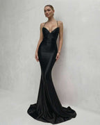 Monaco Maxi Dress - Black satin dress with lace-up back and deep V-neck, by Lauven.