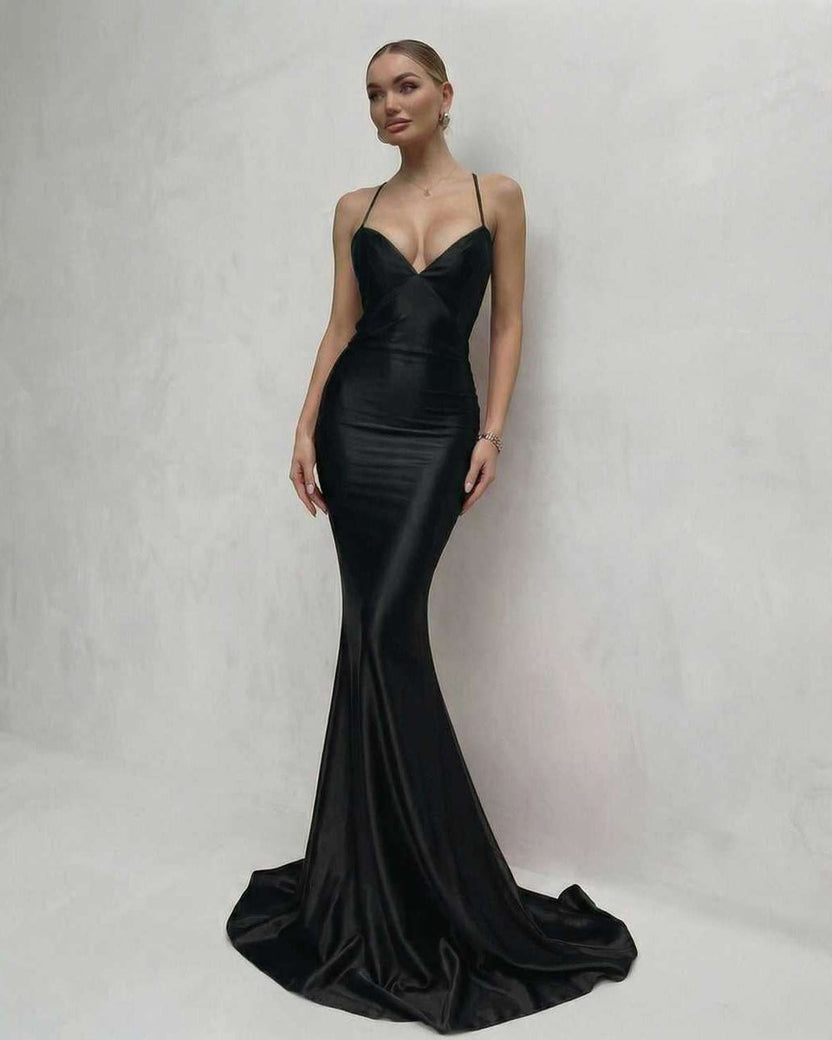 Monaco Maxi Dress - Black satin dress with lace-up back and deep V-neck, by Lauven.