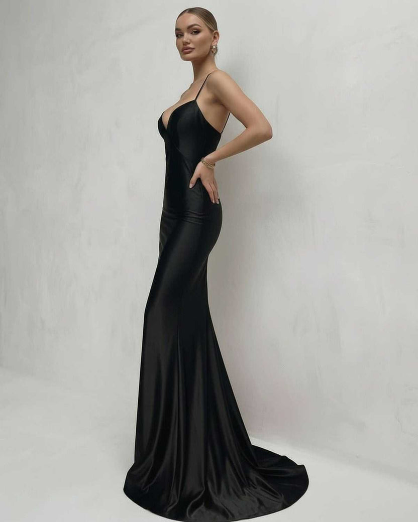 Monaco Maxi Dress featuring a black satin finish, deep V-neck, lace-up back, and elegant silhouette by Lauven.