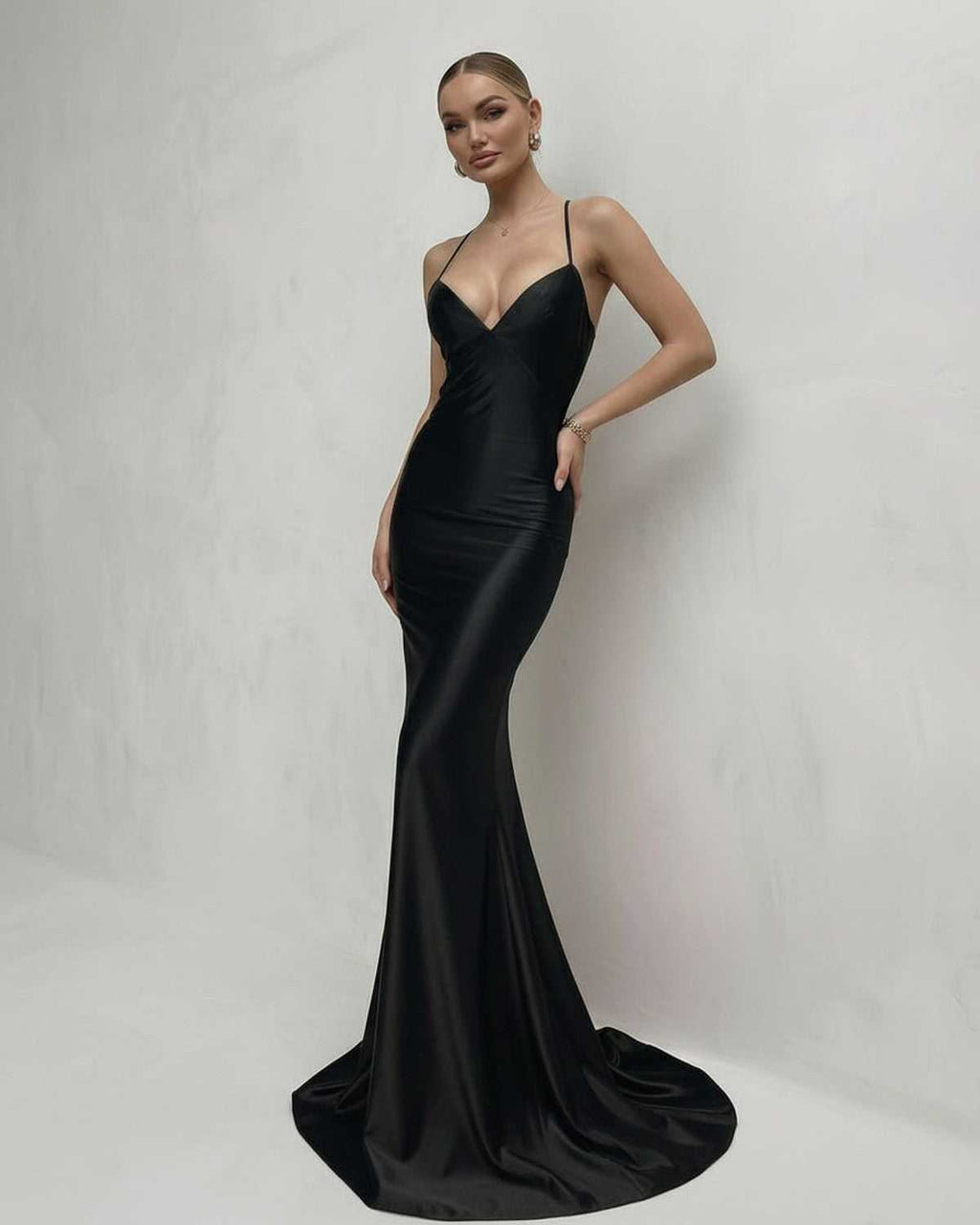 Monaco Maxi Dress in black satin, featuring a sleek silhouette, lace-up back, and V-neck, by Lauven.