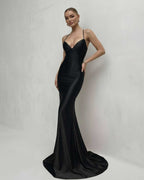 Monaco Maxi Dress in black satin, featuring a sleek silhouette, lace-up back, and V-neck, by Lauven.