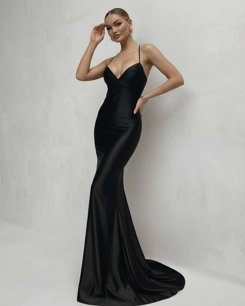 Monaco Maxi Dress - Sleek black satin dress with lace-up back and V-neck silhouette by Lauven.