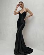 Monaco Maxi Dress - Sleek black satin dress with lace-up back and V-neck silhouette by Lauven.