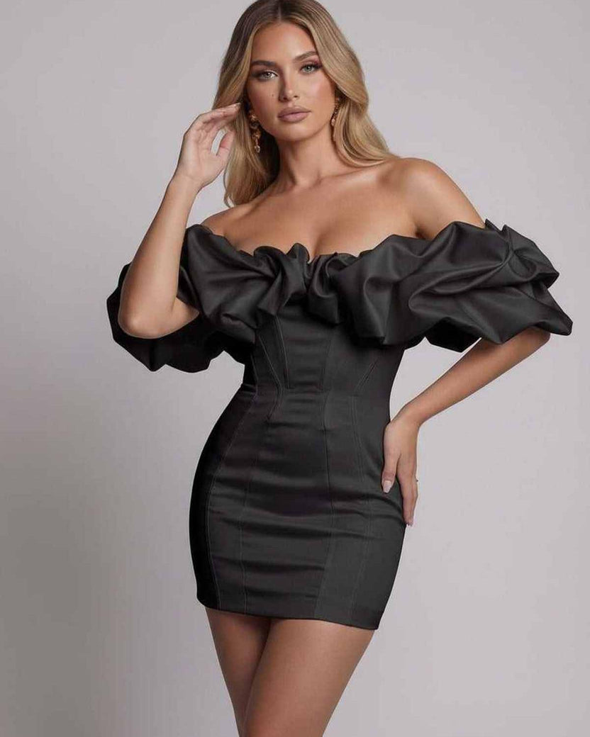 Monaco Maxi Dress showcasing a black satin off shoulder design with ruffle detail, structured fit by Lauven.