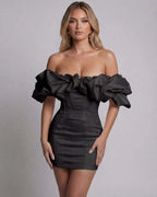 Monaco Maxi Dress - Black Satin Off Shoulder Dress with Ruffle Detail by Lauven, showcasing structured fit and elegance.