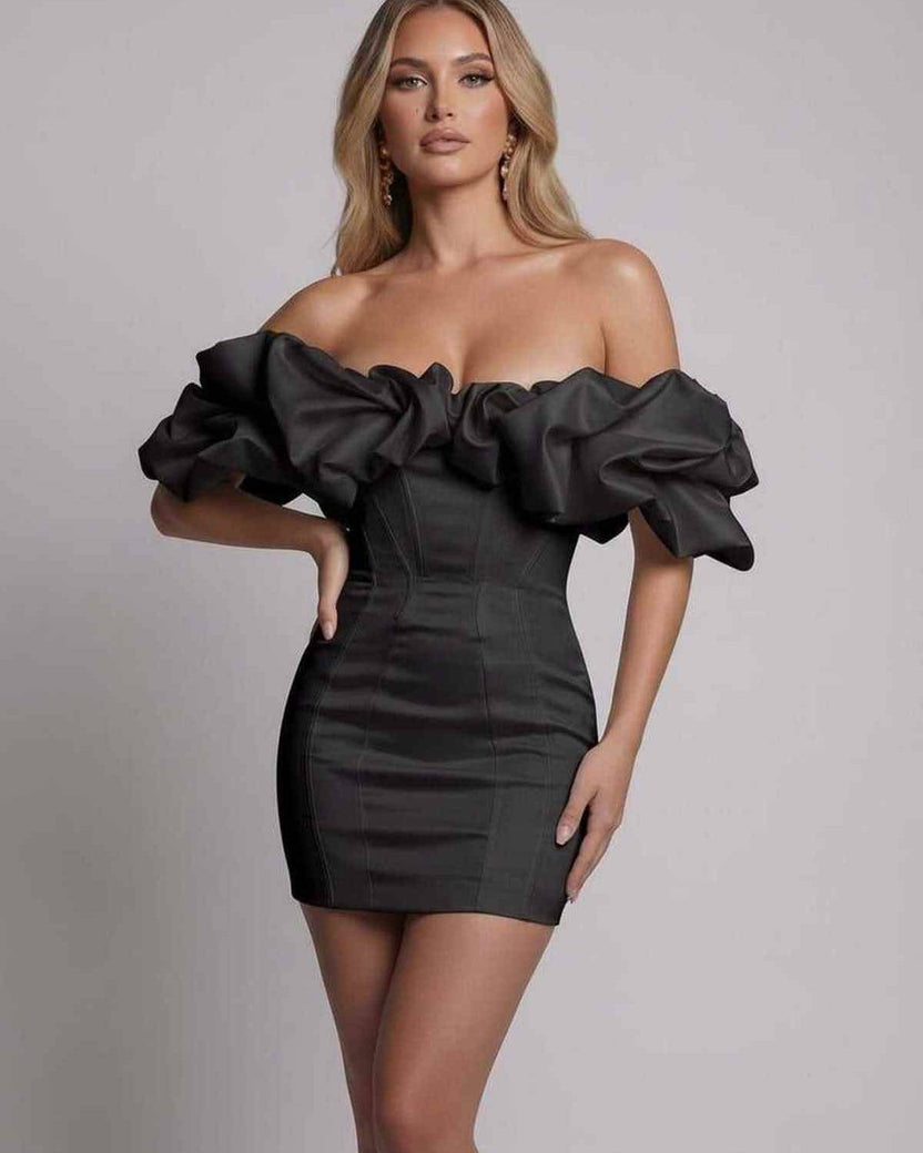 Monaco Maxi Dress - Black satin off shoulder mini dress with ruffle detail and structured fit by Lauven.