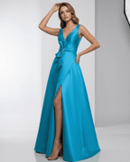 Monaco Maxi Dress - Satin A-Line V-Neck Floor-Length Evening Maxi Dress in blue by Lauven, perfect for formal occasions.