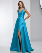 Monaco Maxi Dress – Elegant blue satin A-line with V-neck, floor-length design, by Lauven, perfect for formal occasions.