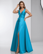 Monaco Maxi Dress – Blue satin A-Line dress with V-neck, elegant silhouette by Lauven, perfect for formal occasions.