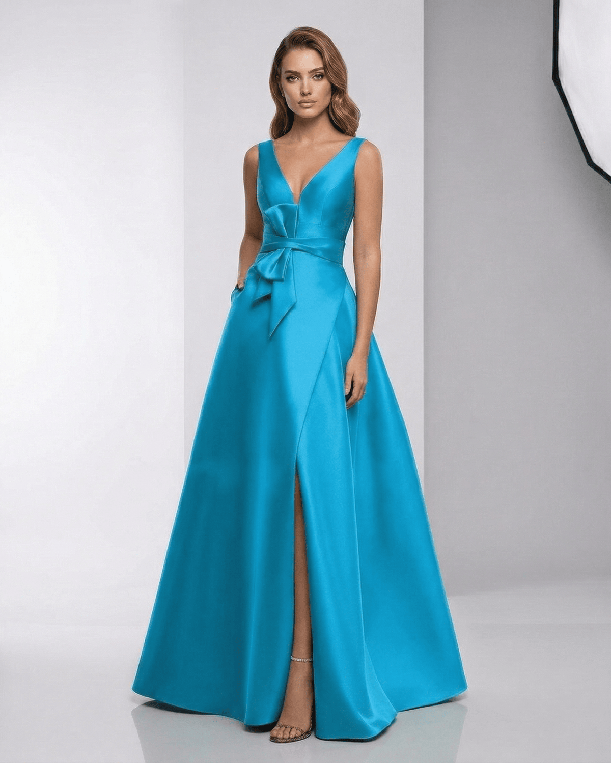 Monaco Maxi Dress - A-Line V-Neck Satin Evening Gown by Lauven, featuring a stunning blue hue and elegant floor-length design.