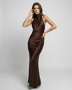 Monaco Maxi Dress, satin maxi dress by Lauven, brown color, halter neck design, elegant and polished look.