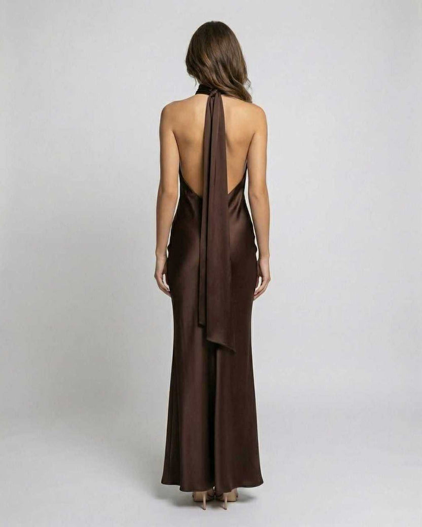 Monaco Maxi Dress, brown satin maxi dress with halter neck and open back, by Lauven.