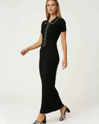 Monaco Maxi Dress by Lauven – Women's black ribbed knit maxi dress with button-front detail.