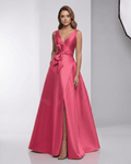 Monaco Maxi Dress in pink satin, A-line V-neck evening gown with a sleek silhouette, by Lauven.