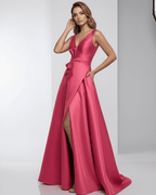 Monaco Maxi Dress, pink satin fabric, A-line V-neck, elegant fit, by Lauven.
