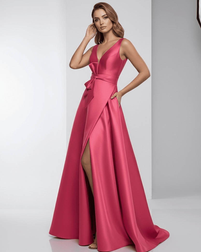 Monaco Maxi Dress, pink satin fabric, A-line V-neck, elegant fit, by Lauven.