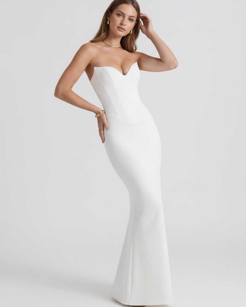 Monaco Maxi Dress in white, strapless with sweetheart neckline, mermaid silhouette by Lauven, ideal for formal occasions.