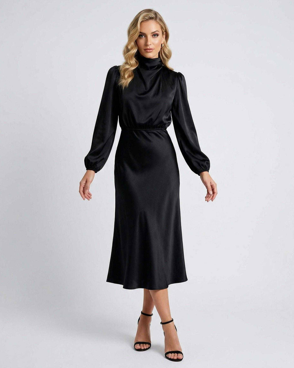 Monaco Midi Dress by Lauven in black satin, featuring a high neck and long sleeves for elegant sophistication.