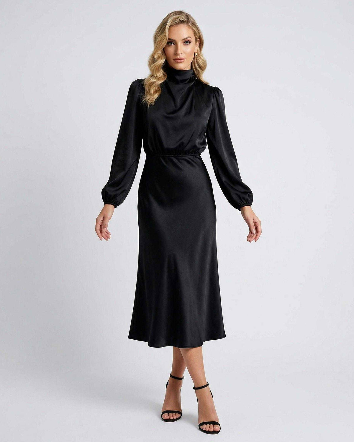Monaco Midi Dress by Lauven in black satin, featuring a high neck and long sleeves for elegant sophistication.