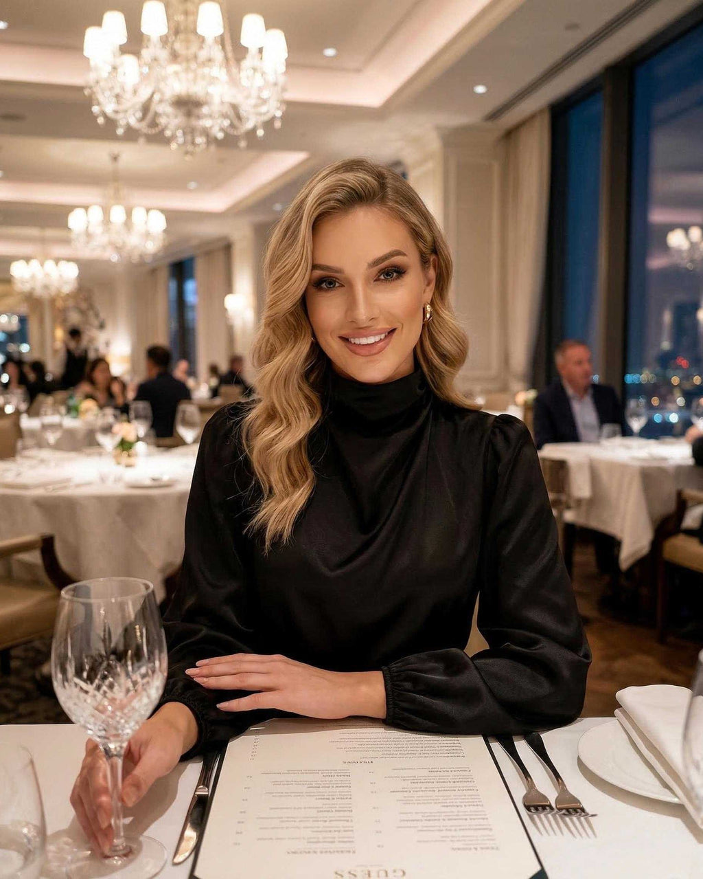 Monaco Midi Dress by Lauven, black satin high neck dress, elegant look in fine dining setting.