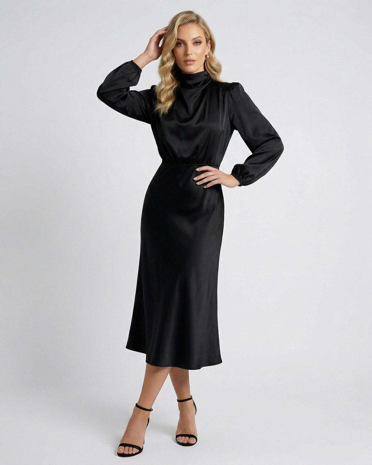 Lauven Monaco Midi Dress in black satin, high neck, long sleeves, showcasing elegance and versatility.