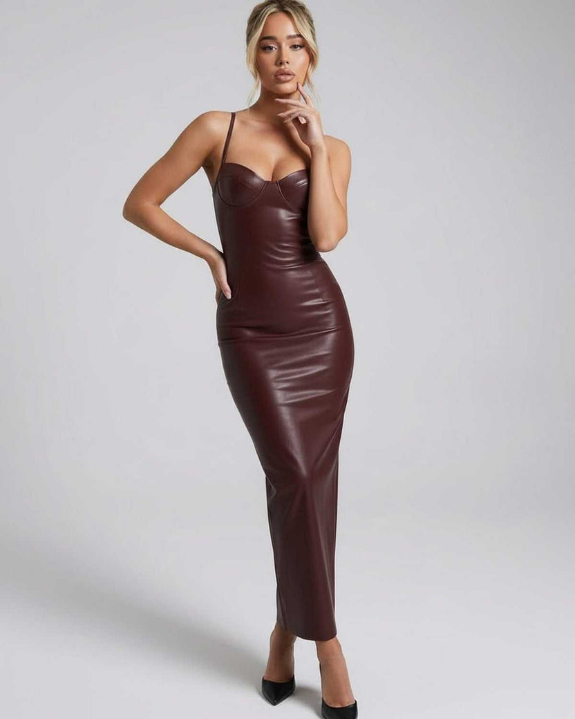 Monaco Midi Dress - Brown faux leather bodycon dress that enhances curves and showcases a sleek silhouette by Lauven.