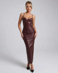 Monaco Midi Dress in brown faux leather, bodycon silhouette by Lauven, enhancing curves for a bold, stylish look.
