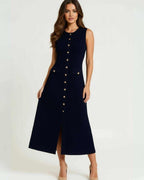 Monaco Midi Dress by Lauven – Women’s navy midi dress featuring gold button front and sleek sleeveless design.