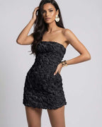 Monaco Mini Dress by Lauven, strapless black floral mini dress with 3D floral appliqué, perfect for elevated occasions.