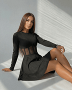 Monaco Mini Dress by Lauven, black long sleeve A-line mini dress with sheer corset panel, modern and elegant.