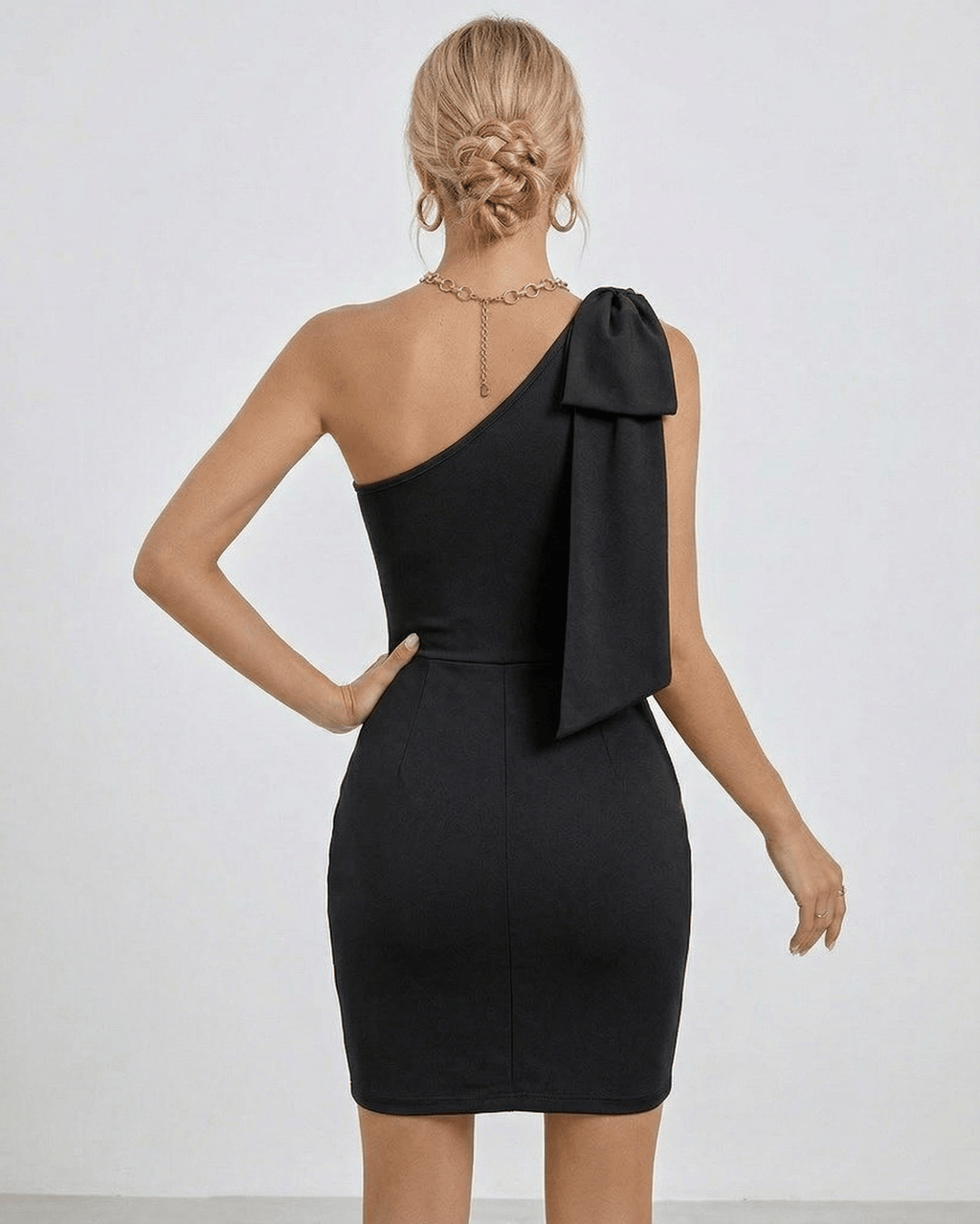 Monaco Mini Dress showcasing one shoulder bodycon mini dress style, sculpted silhouette, and soft black finish by Lauven.