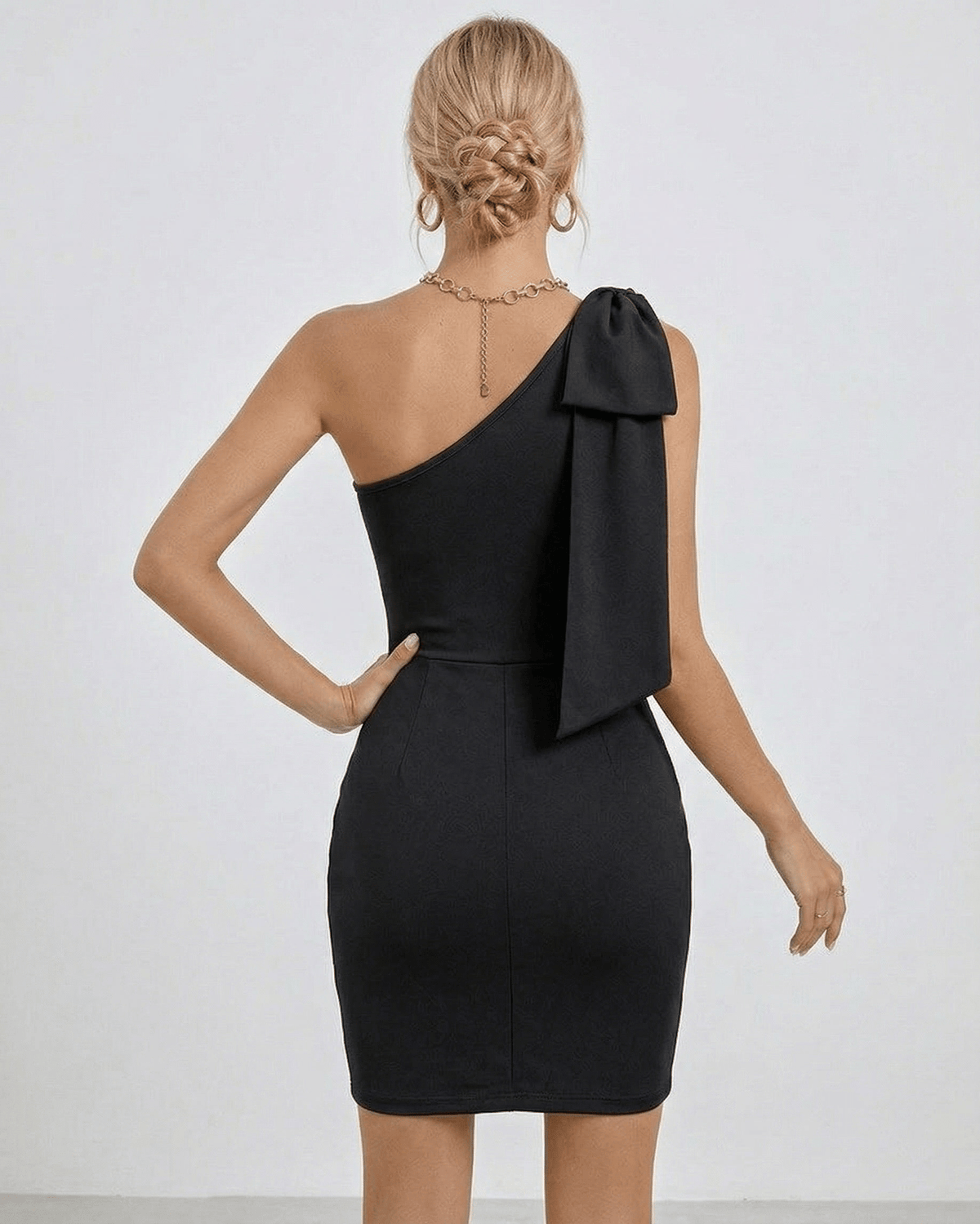Monaco Mini Dress showcasing one shoulder bodycon mini dress style, sculpted silhouette, and soft black finish by Lauven.