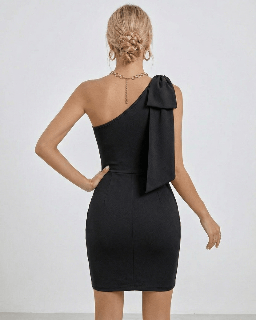 Monaco Mini Dress showcasing one shoulder bodycon mini dress style, sculpted silhouette, and soft black finish by Lauven.