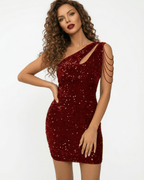 Monaco Mini Dress by Lauven, sequin one-shoulder bodycon silhouette in red, perfect for cocktail events.